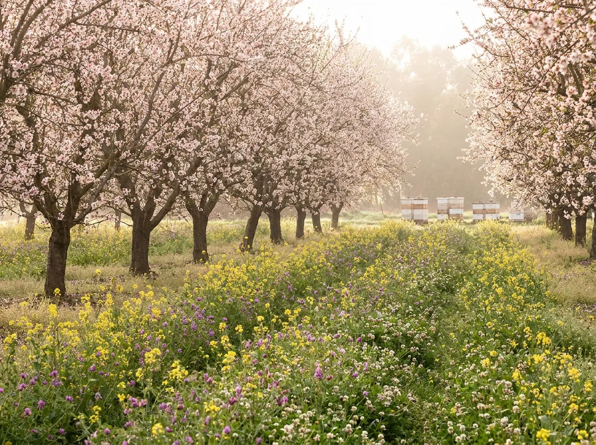 Flowering mustard and clover cover crop growing between rows of almond trees with hives at the orchard edge