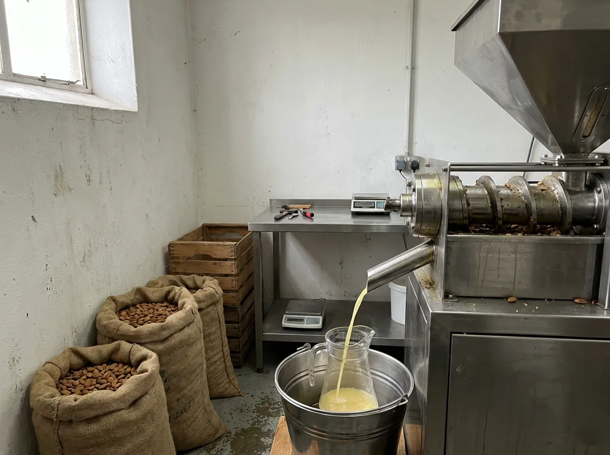 Working expeller press with pale golden almond oil running into a collection vessel beside sacks of kernels