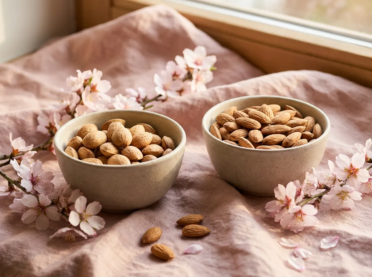 Two shallow bowls of sound shelled almond kernels on linen
