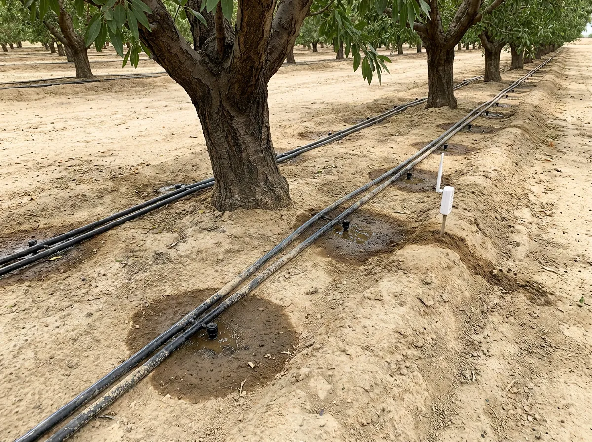 Double-line drip irrigation tubing running along the base of almond trees in an orchard row